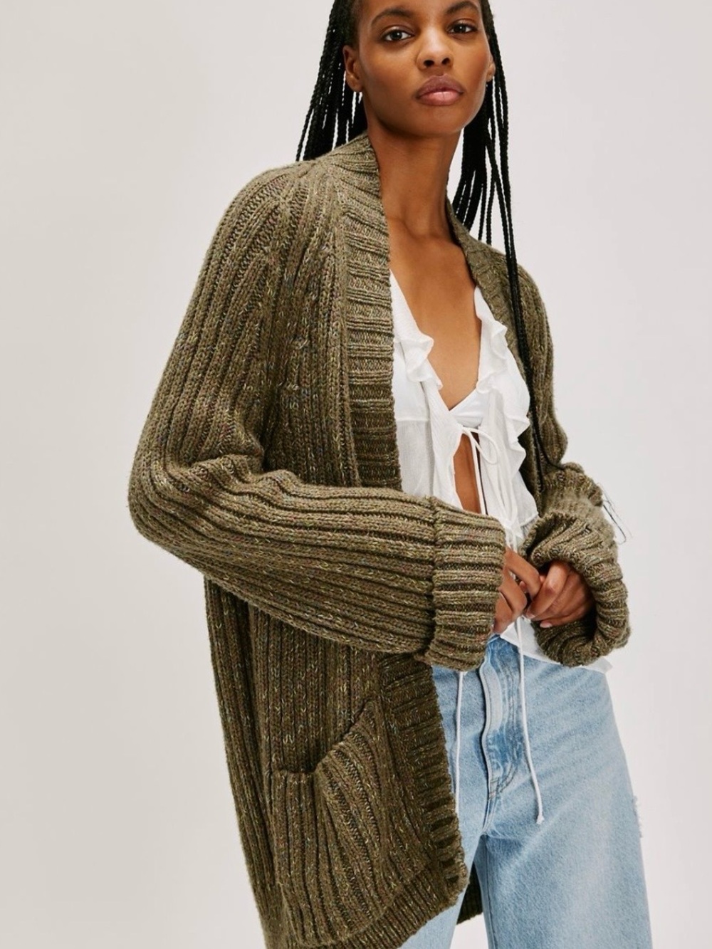 Free People Olive Ribbed Open-Front Women's Cardigan Sweater